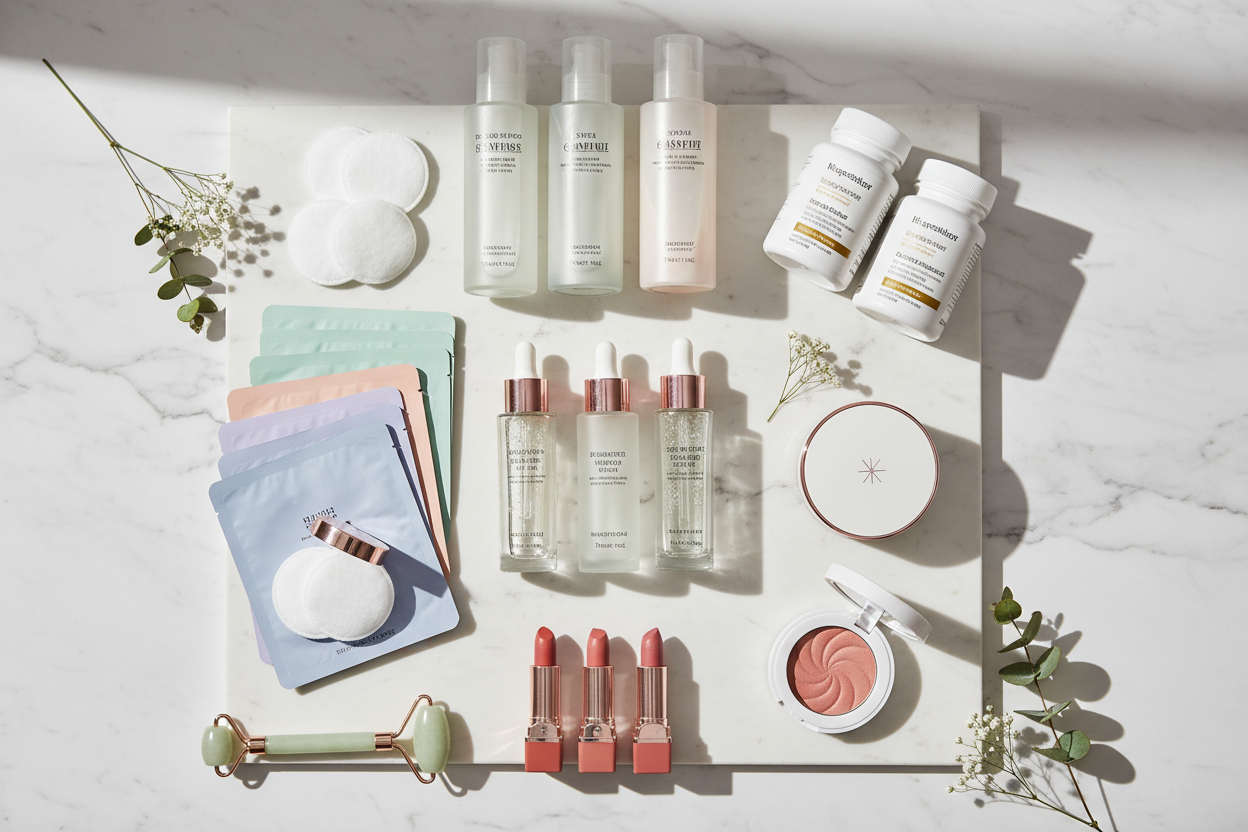 image of Korean beauty related products including skincare, hair care, makeup and health supplements